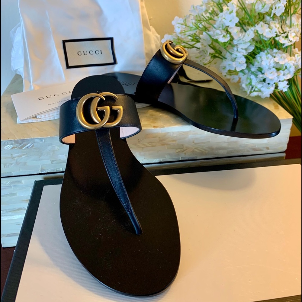 Gucci Marmont Leather Thong Sandals Double G 37